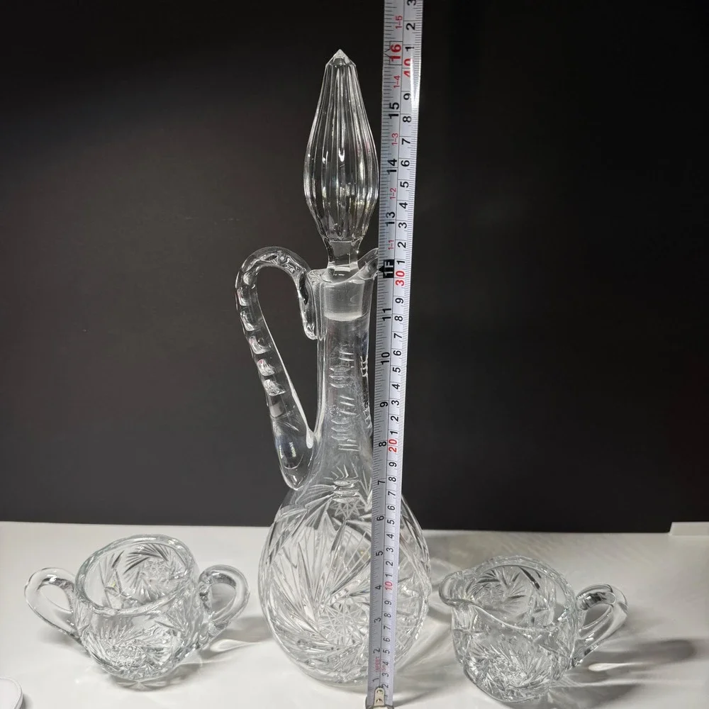 American Brilliant Vintage Pinwheel Cut Crystal Decanter Set Creamer Sugar Bowl